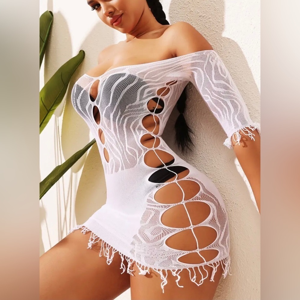 Fashion Womens White Cut Out Sheer Swimsuit Cover Up Fishnet Dress One Size